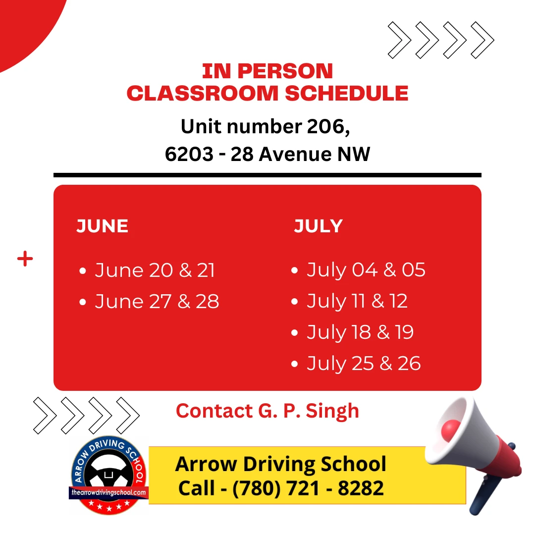 Arrow Driving School in-person classroom theory schedule — June and July Edmonton