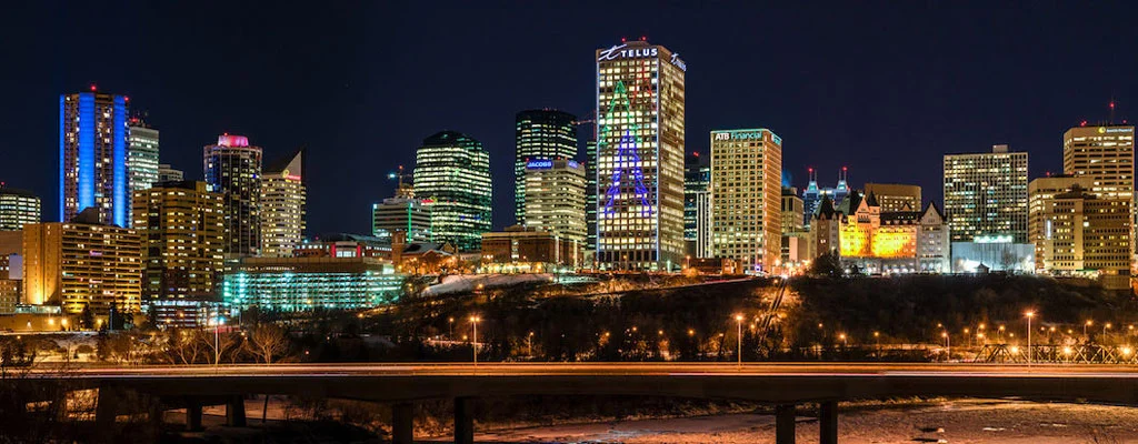 Edmonton downtown skyline lit up at night